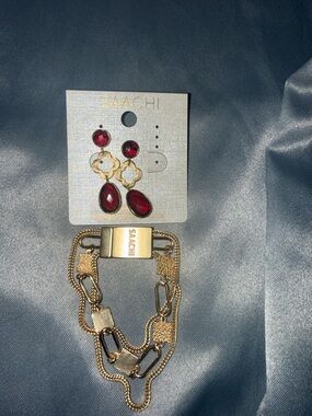 SAACHI Gold-Tone Chain Bracelet with Deep Red Gem Drop Earrings